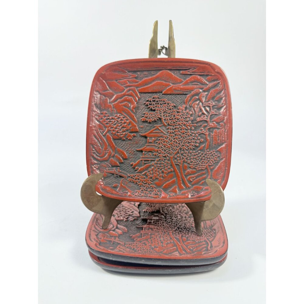 Appitizer Plates Set 3 Vintage Japanese Cinnabar Lacquer Ware Oriental Pagoda - Picture 2 of 12